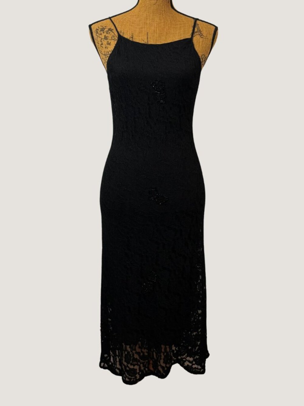 90s Angie Black Lace Overlay Dress Low Back Slip Midi Goth Grunge